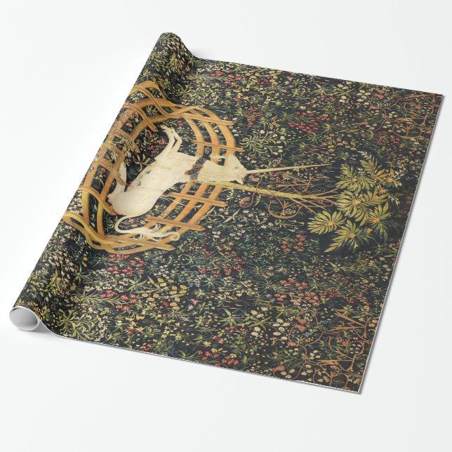 UNICORN AND GOTHIC FANTASY FLOWERS,FLORAL MOTIFS WRAPPING PAPER (Unrolled)