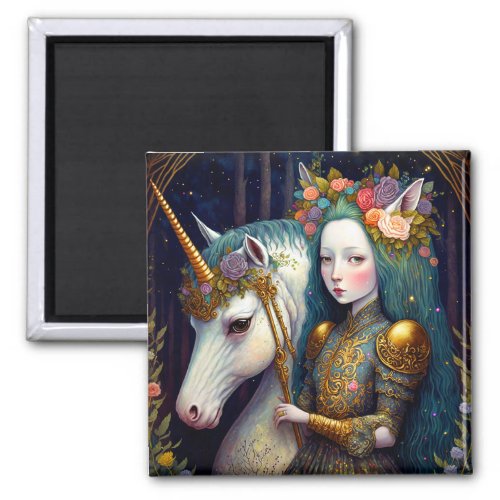 Unicorn and Lady Fantasy Art Magnet