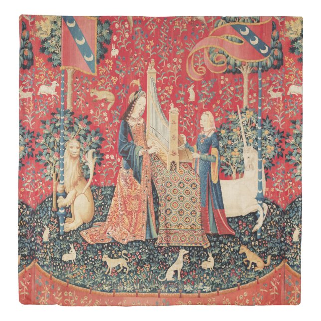 UNICORN AND LADY PLAYING ORGAN,ANIMALS Red Green Duvet Cover (Front)