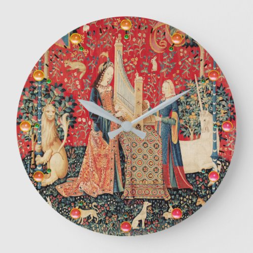 UNICORN AND LADY PLAYING ORGANANIMALS Red Green Large Clock