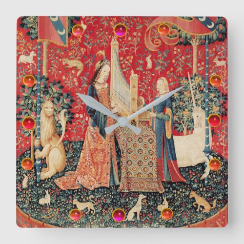 UNICORN AND LADY PLAYING ORGANANIMALS Red Green Square Wall Clock
