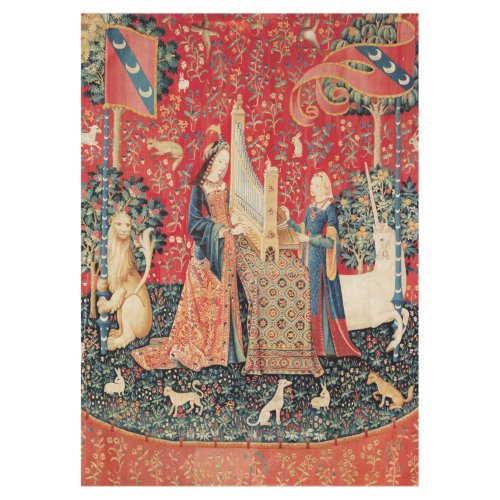 UNICORN AND LADY PLAYING ORGANANIMALS Red Green Tablecloth