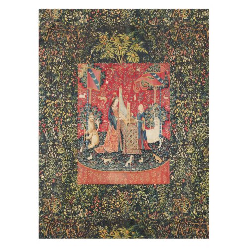 UNICORN AND LADY PLAYING ORGANANIMALS Red Green Tablecloth