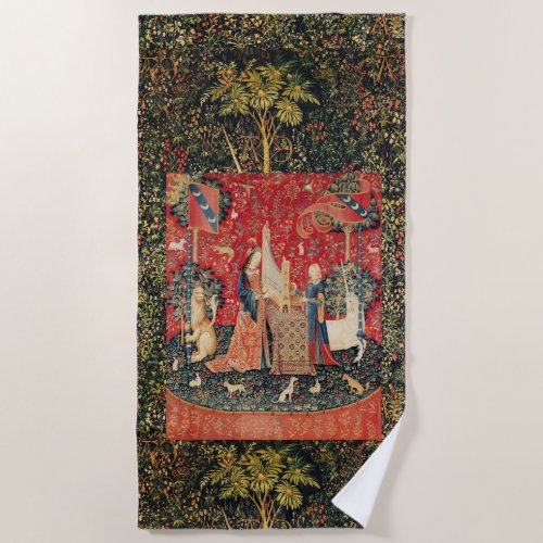  UNICORN AND LADY PLAYING ORGAN FLORAL Red Green Beach Towel