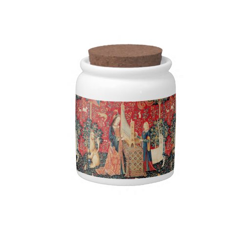 UNICORN AND LADY PLAYING ORGAN Red Green Floral Candy Jar