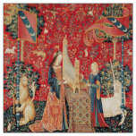 UNICORN AND LADY PLAYING ORGAN Red Green Floral Fabric