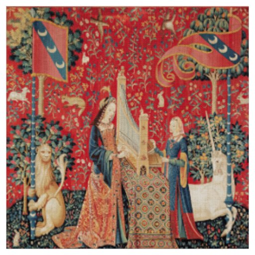 UNICORN AND LADY PLAYING ORGAN Red Green Floral Fabric