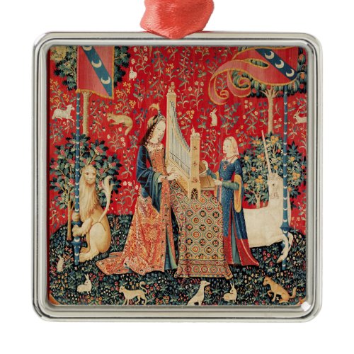 UNICORN AND LADY PLAYING ORGAN Red Green Floral Metal Ornament