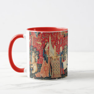 UNICORN AND LADY PLAYING ORGAN Red Green Floral Mug