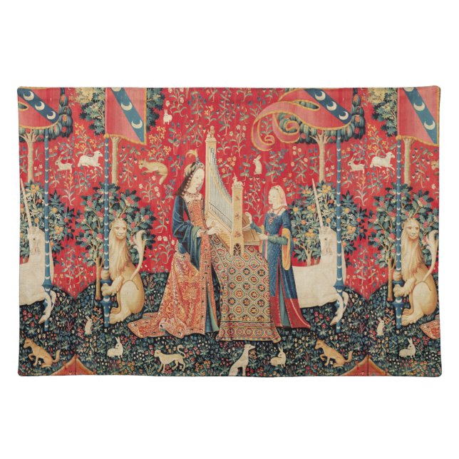 UNICORN AND LADY PLAYING ORGAN WITH ANIMALS CLOTH PLACEMAT (Front)