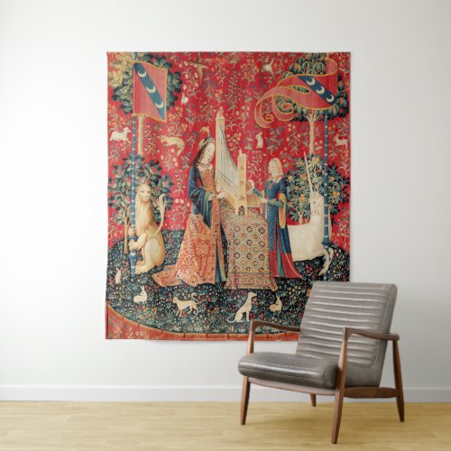 UNICORN AND LADY PLAYING ORGAN WITH ANIMALS TAPESTRY