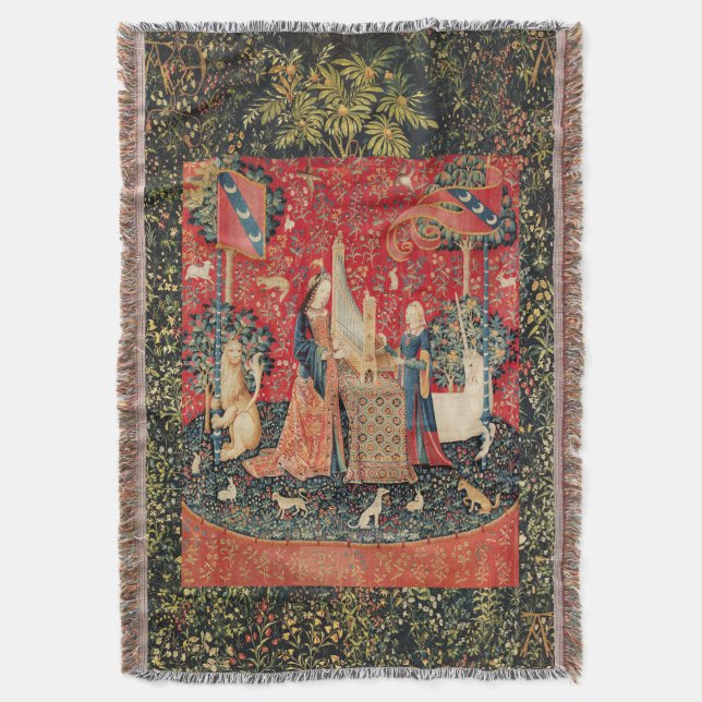 UNICORN AND LADY PLAYING ORGAN WITH ANIMALS THROW BLANKET (Front Vertical)