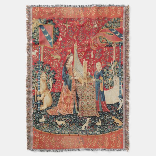 UNICORN AND LADY PLAYING ORGAN WITH ANIMALS THROW BLANKET