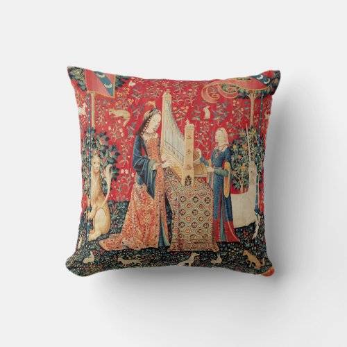 UNICORN AND LADY PLAYING ORGAN WITH ANIMALS THROW PILLOW