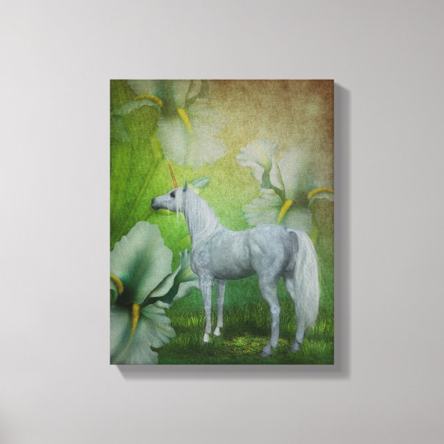 Unicorn And Lilies Fantasy Horse Art Canvas Print (Front)