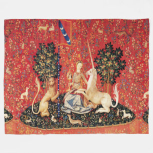 UNICORN AND MEDIEVAL FANTASY FLOWERS,FLORAL MOTIFS FLEECE BLANKET