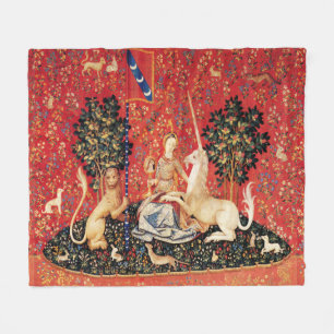 UNICORN AND MEDIEVAL FANTASY FLOWERS,FLORAL MOTIFS FLEECE BLANKET