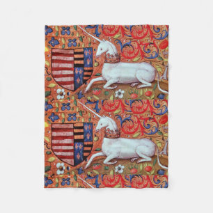 UNICORN AND MEDIEVAL FANTASY FLOWERS,FLORAL MOTIFS FLEECE BLANKET