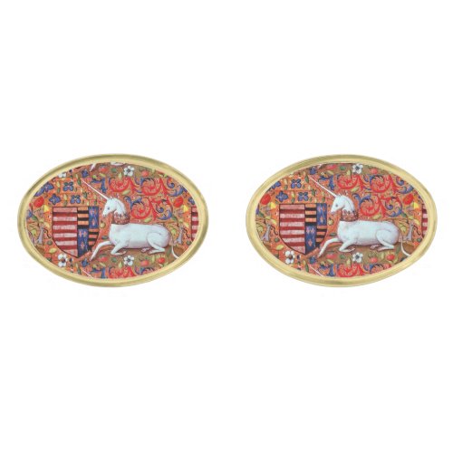 UNICORN AND MEDIEVAL FANTASY FLOWERSFLORAL MOTIFS GOLD CUFFLINKS