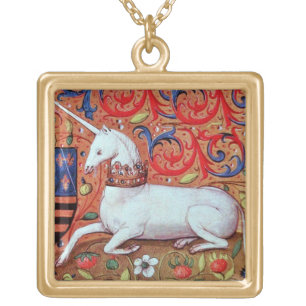 UNICORN AND MEDIEVAL FANTASY FLOWERS,FLORAL MOTIFS GOLD PLATED NECKLACE