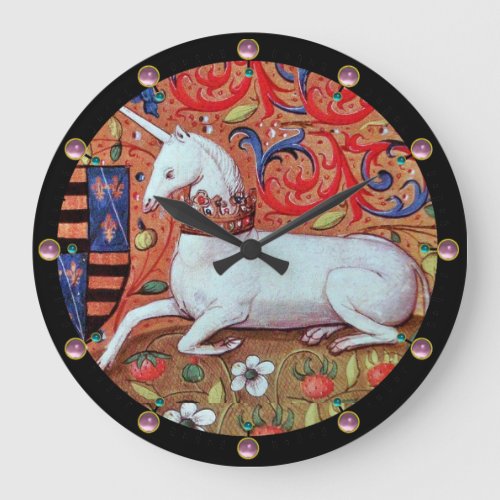 UNICORN AND MEDIEVAL FANTASY FLOWERSFLORAL MOTIFS LARGE CLOCK