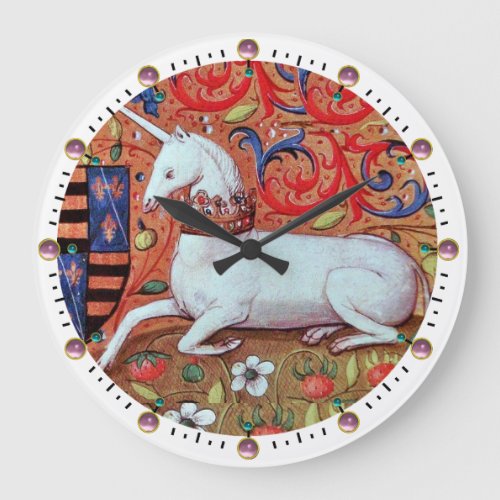 UNICORN AND MEDIEVAL FANTASY FLOWERSFLORAL MOTIFS LARGE CLOCK