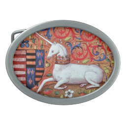 UNICORN AND MEDIEVAL FANTASY FLOWERS,FLORAL MOTIFS OVAL BELT BUCKLE