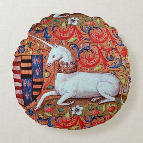 UNICORN AND MEDIEVAL FANTASY FLOWERSFLORAL MOTIFS ROUND PILLOW