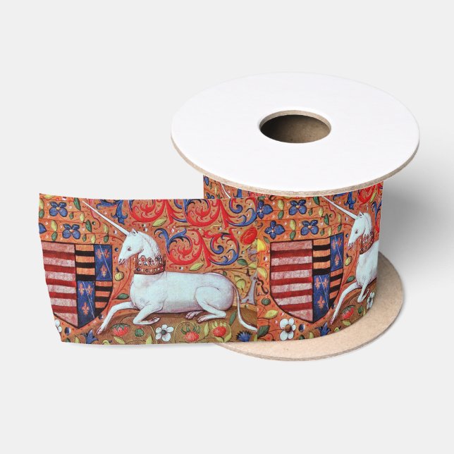 UNICORN AND MEDIEVAL FANTASY FLOWERS,FLORAL MOTIFS SATIN RIBBON (Spool)