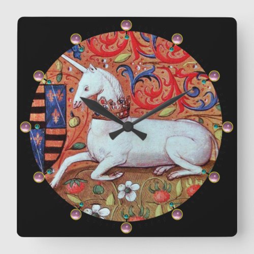 UNICORN AND MEDIEVAL FANTASY FLOWERSFLORAL MOTIFS SQUARE WALL CLOCK