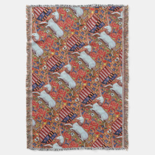 UNICORN AND MEDIEVAL FANTASY FLOWERS,FLORAL MOTIFS THROW BLANKET