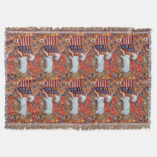 UNICORN AND MEDIEVAL FANTASY FLOWERS,FLORAL MOTIFS THROW BLANKET