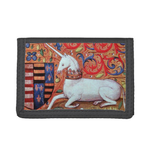 UNICORN AND MEDIEVAL FANTASY FLOWERS,FLORAL MOTIFS TRIFOLD WALLET