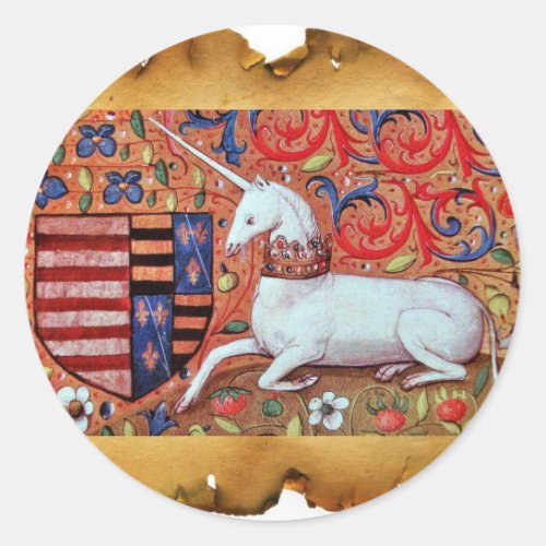 UNICORN AND MEDIEVAL FLOWERSFANTASY FLORAL MOTIFS CLASSIC ROUND STICKER