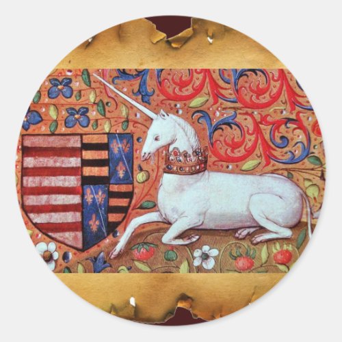 UNICORN AND MEDIEVAL FLOWERSFANTASY FLORAL MOTIFS CLASSIC ROUND STICKER