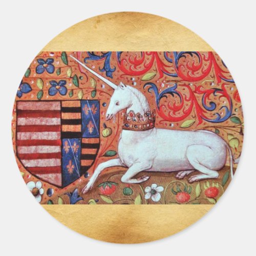 UNICORN AND MEDIEVAL FLOWERSFANTASY FLORAL MOTIFS CLASSIC ROUND STICKER