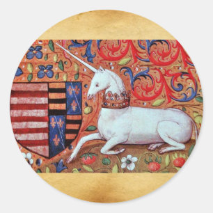 UNICORN AND MEDIEVAL FLOWERS,FANTASY FLORAL MOTIFS CLASSIC ROUND STICKER