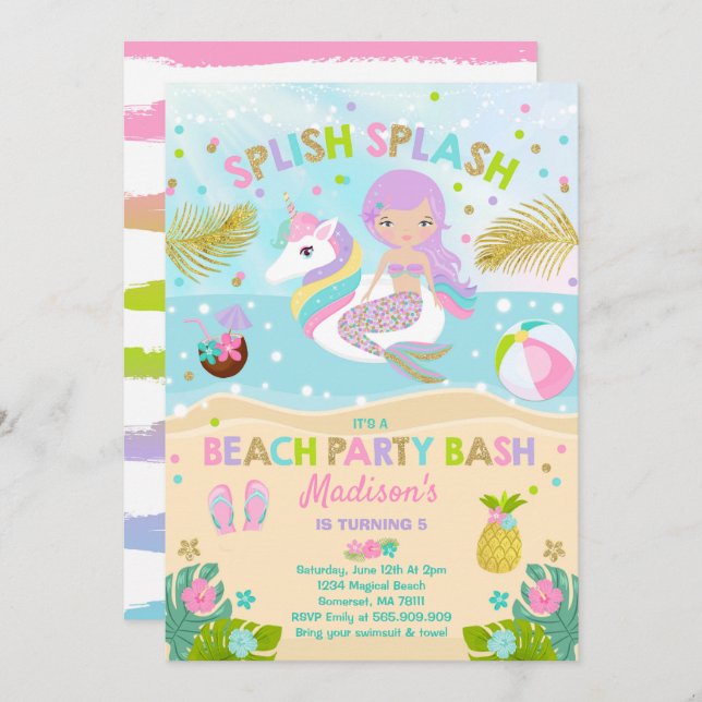 Unicorn And Mermaid Beach Party Invitation (Front/Back)