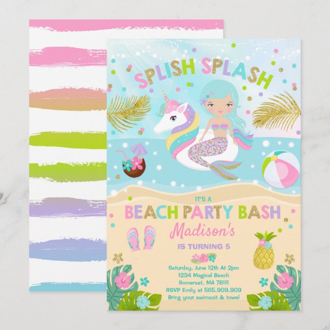 Unicorn And Mermaid Beach Party Invitation (Front/Back)