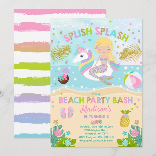 Unicorn And Mermaid Beach Party Invitation (Front/Back)