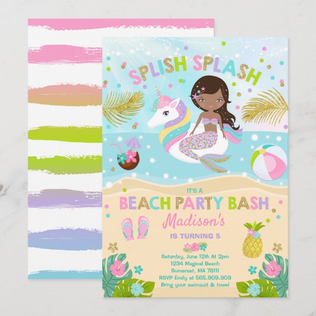 Unicorn And Mermaid Beach Party Invitation (Front/Back)