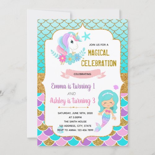 Unicorn and mermaid birthday invitation