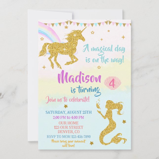 Unicorn and mermaid birthday invitation for girl (Front)