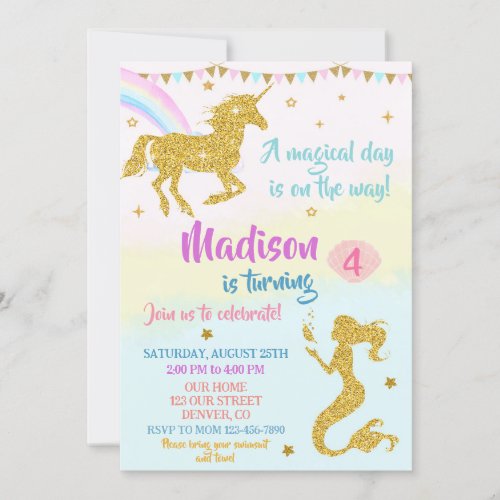 Unicorn and mermaid birthday invitation for girl