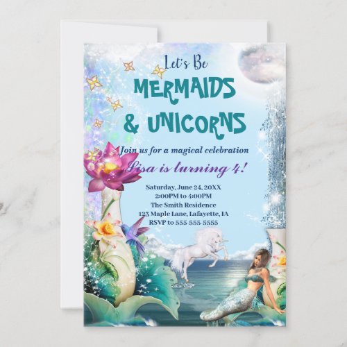 Unicorn And Mermaid Birthday Party Invitation