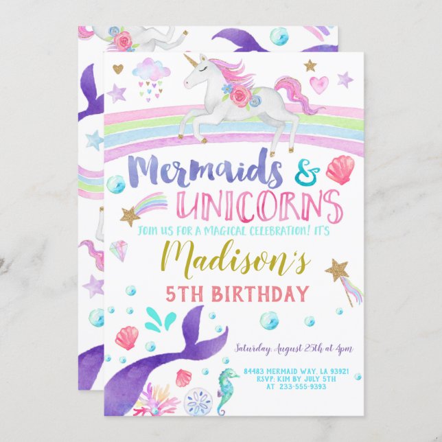 Unicorn and Mermaid invitation unicorns mermaids (Front/Back)