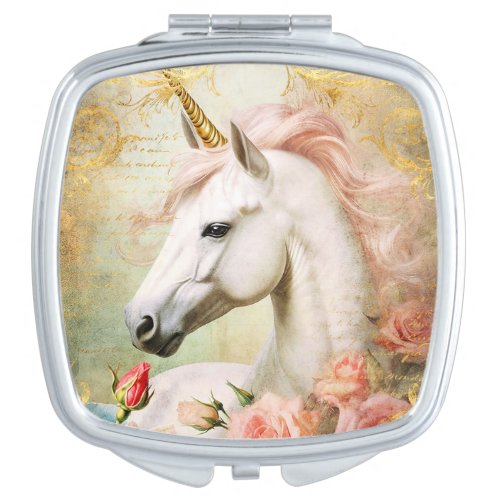 Unicorn and Pink Flowers Compact Mirror