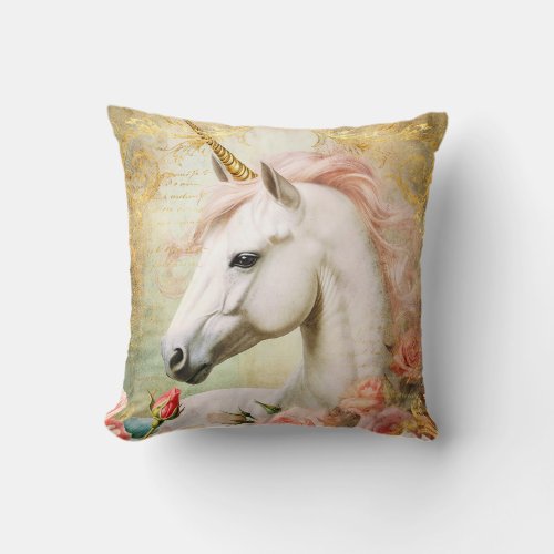 Unicorn and Pink Flowers Throw Pillow