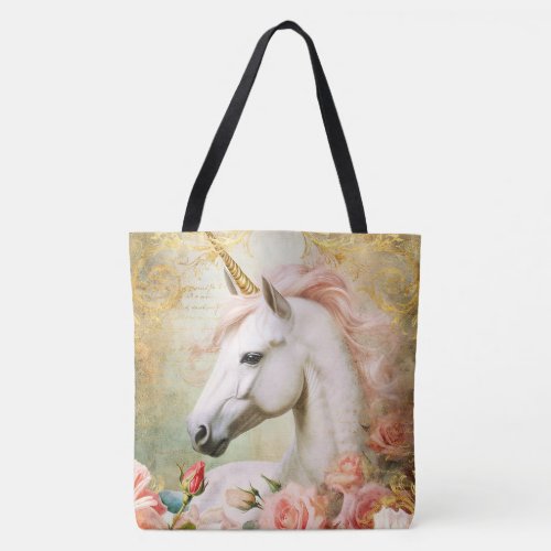Unicorn and Pink Flowers Tote Bag