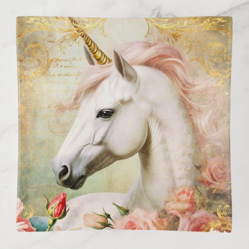 Unicorn and Pink Flowers Trinket Tray